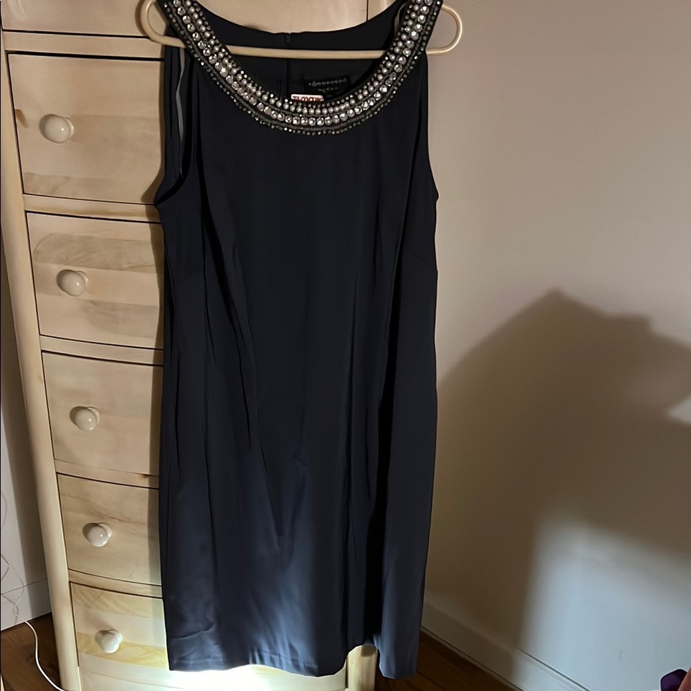 Elegant Grey Dress with Embellished Neckline